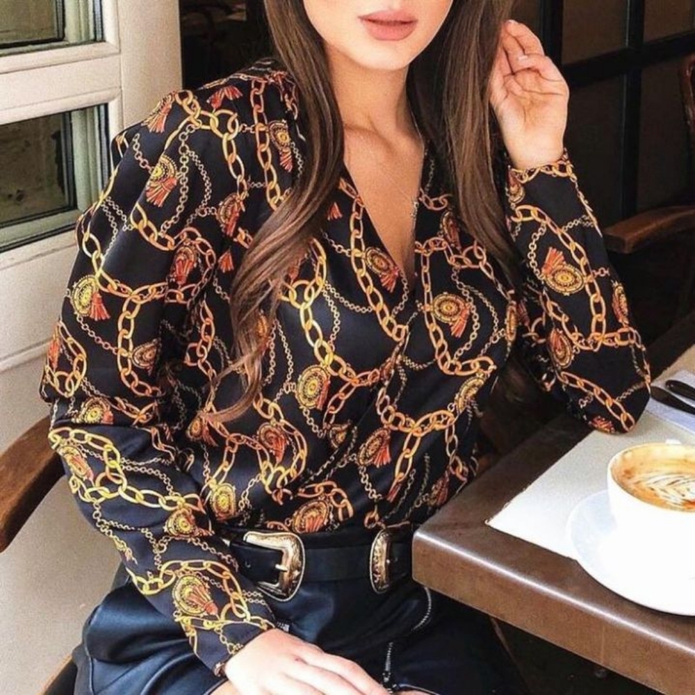 Chain Print Black Blouse